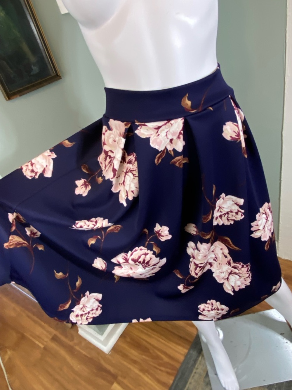 Floral Roses Navy Midi Full Skirt Haute Monde XLarge XL Box Pleat Pleated - Picture 7 of 12